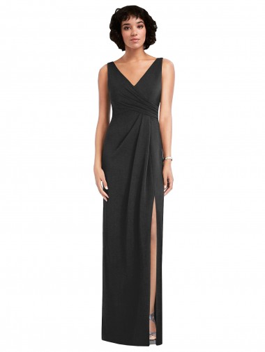 Online Draped Wrap Maxi Spandex Bridesmaid Dress with Front Slit