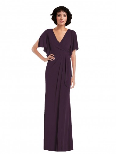 Online Faux Wrap Split Sleeves Maxi Spandex Bridesmaid Dress with Cascade Skirt