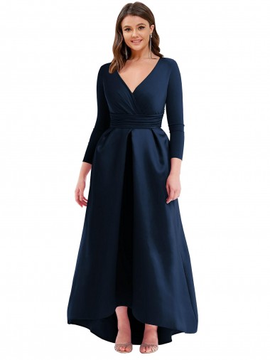 Online Long Sleeves Wrapped Spandex Bridesmaid Dress with High Low Full Skirt and Pockets