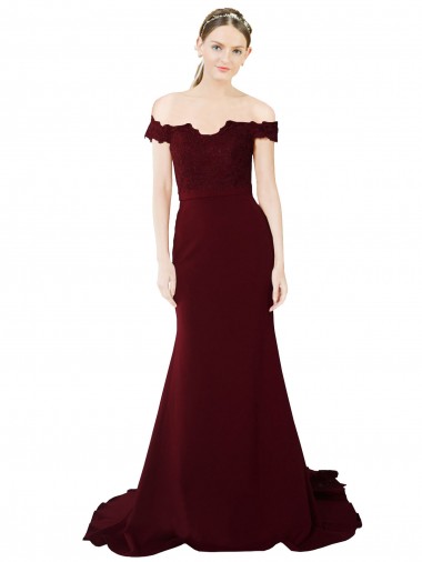 Online Full Length Off the Shoulder Crepe Bridesmaid Dress with Lace On Bodice and Back