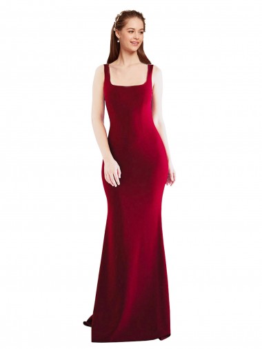 Online Square Neckline and Backline Fitted Crepe Bridesmaid Dress