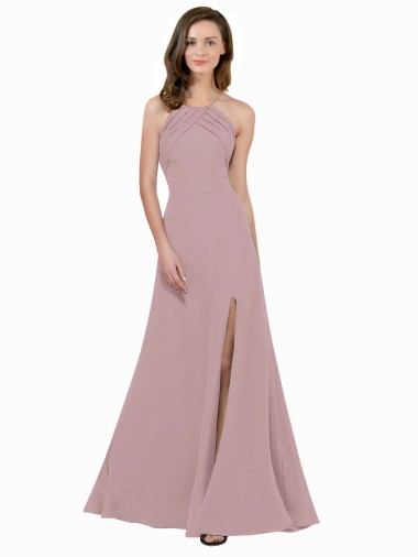 Online High Neck Crepe Bridesmaid Dress with Pleats and Keyhole Back