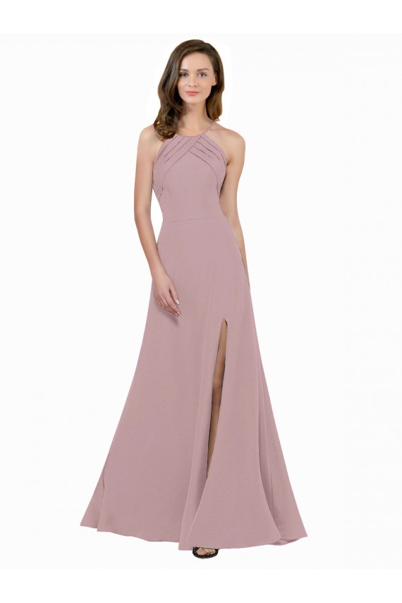 Online High Neck Crepe Bridesmaid Dress with Pleats and Keyhole Back