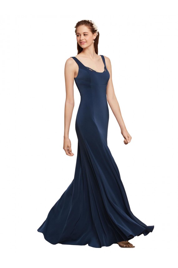Online Fit and Flare Long Crepe Bridesmaid Dress with Round Neck