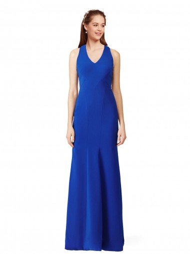 Online Halter V-Neck Long A-Line Crepe Bridesmaid Dress