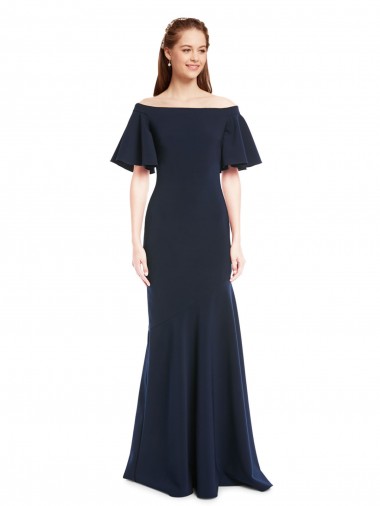 Online Off the Shoulder Crepe Bridesmaid Dress with Short Ruffle Sleeves.