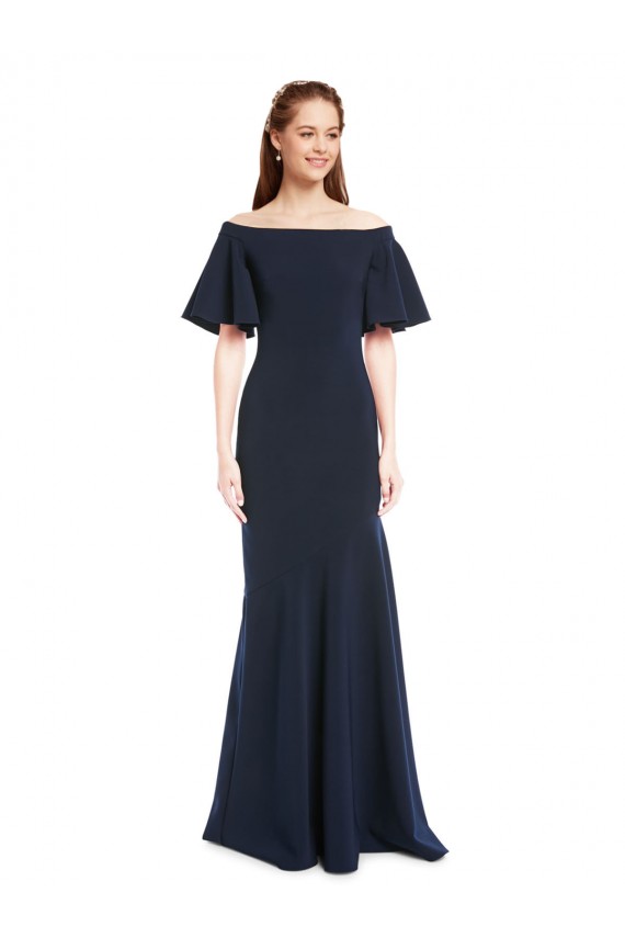 Online Off the Shoulder Crepe Bridesmaid Dress with Short Ruffle Sleeves.