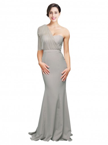 Online Long Sweep Train Sweetheart Crepe Bridesmaid Dress with Tulle One Shoulder