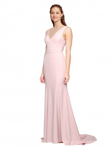 Online Deep V-Neckline and Back Long Sweep Train Crepe Bridesmaid Dress with Shoulder Straps