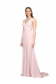 Online Deep V-Neckline and Back Long Sweep Train Crepe Bridesmaid Dress with Shoulder Straps