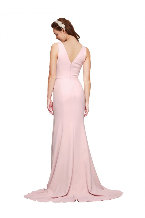 Online Deep V-Neckline and Back Long Sweep Train Crepe Bridesmaid Dress with Shoulder Straps