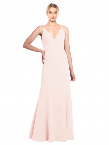 Online Slim A-Line V-Neck Long Stretch Crepe Bridesmaid Dress with V-Back