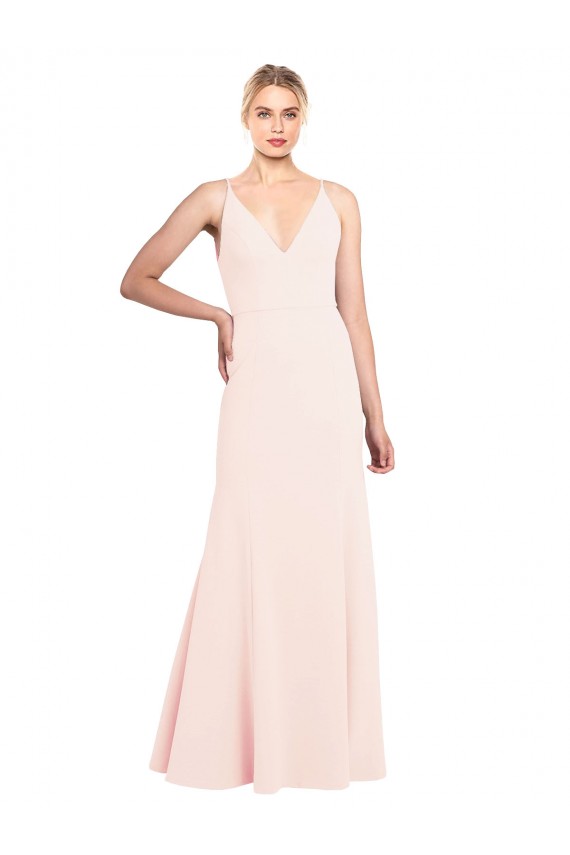Online Slim A-Line V-Neck Long Stretch Crepe Bridesmaid Dress with V-Back