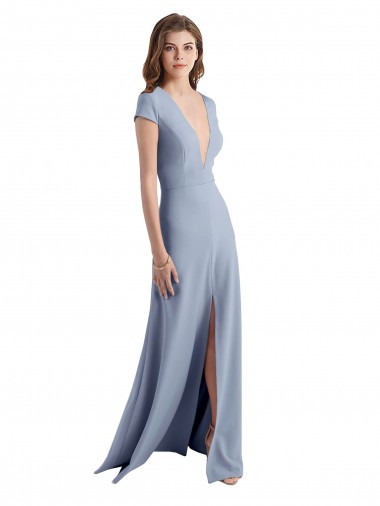 Online Plunging V-Neck Cap Sleeves Stretch Crepe Bridesmaid Dress with Front Slit