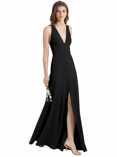 Online Sleek Halter V-Neck Long A-Line Stretch Crepe Bridesmaid Dress with Front Slit