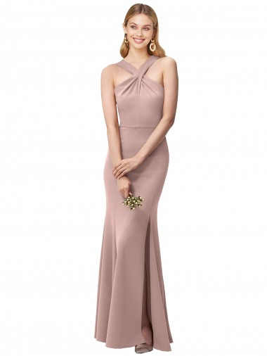 Online Long Floor Length High Neck Fit and Flare Stretch Crepe Bridesmaid Dress with Side Slit