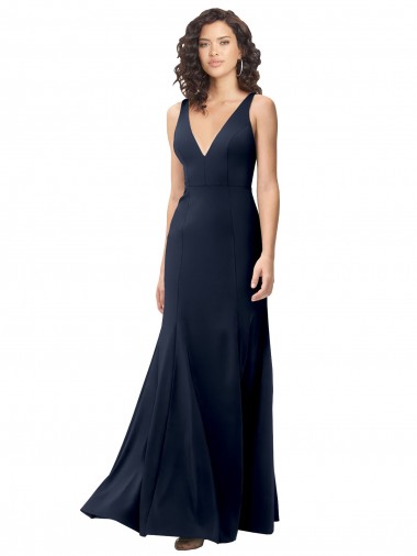 Online Classic V-Neck Long Stretch Crepe Bridesmaid Dress with V-Back