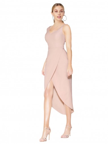 Online Knee Length Short Crepe Formal Wrap Bridesmaid Dress