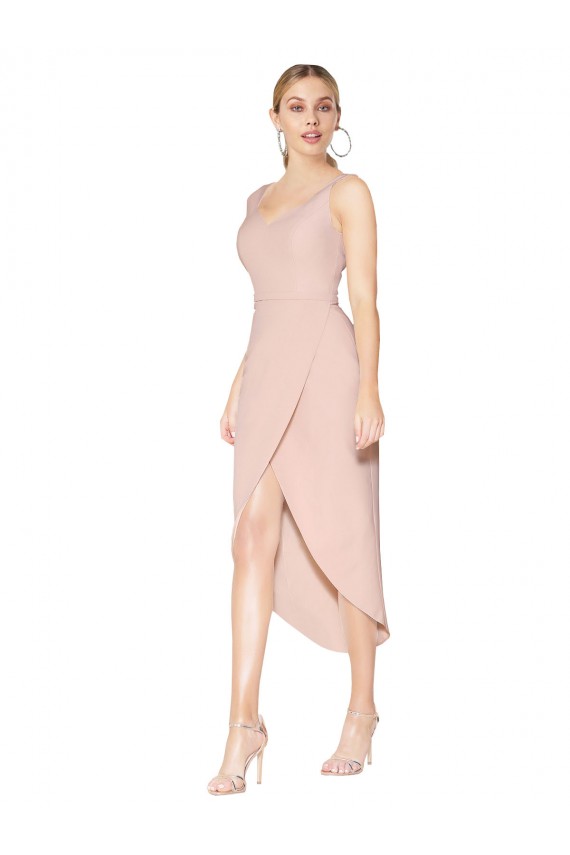 Online Knee Length Short Crepe Formal Wrap Bridesmaid Dress