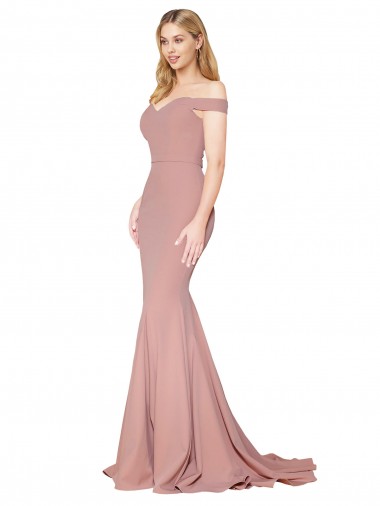 Online Off the Shoulder Sweetheart Long Sweep Train Crepe Bridesmaid Dress