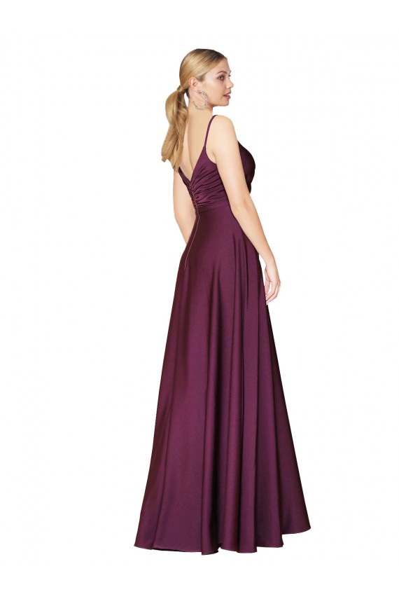 Online High Neck Spaghetti Straps Long V-Back Crepe Bridesmaid Dress