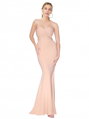 Online Sweetheart Shirred Neck Long Floor Length Crepe Bridesmaid Dress