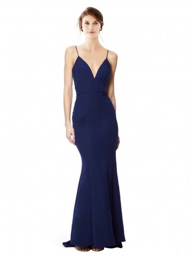 Online Deep V-Neck Spaghetti Straps Mermaid Crepe Bridesmaid Dress