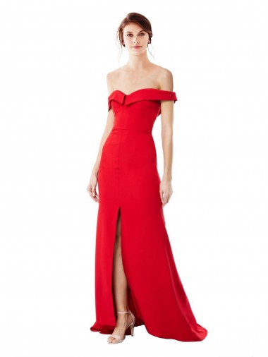Online Off the Shoulder Chapel Train Crepe Bridesmaid Dress with Thigh-High slit