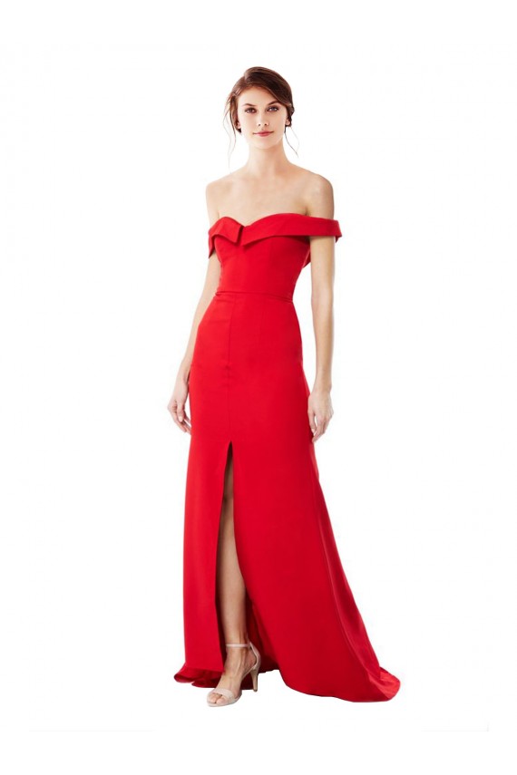 Online Off the Shoulder Chapel Train Crepe Bridesmaid Dress with Thigh-High slit