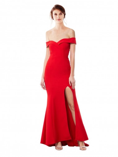 Online Off the Shoulder Sweetheart Maxi Crepe Bridesmaid Dress With Thigh Split and Train