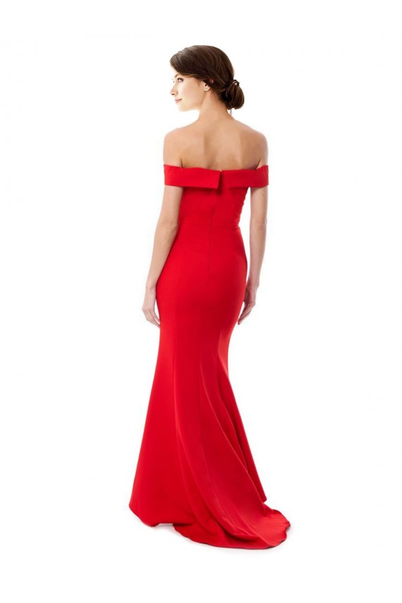 Online Off the Shoulder Sweetheart Maxi Crepe Bridesmaid Dress With Thigh Split and Train