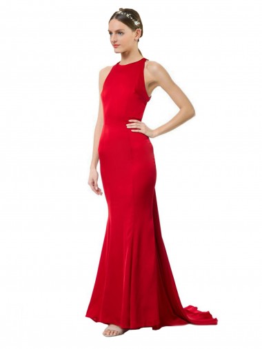 Online High Neck Mermaid Open Back Crepe Maxi Bridesmaid Dress with Train Detail