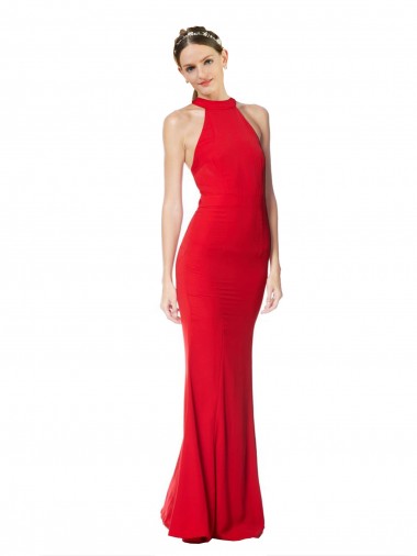 Online Halter Neck Keyhole Back Sleeveless Crepe Maxi Bridesmaid Dress
