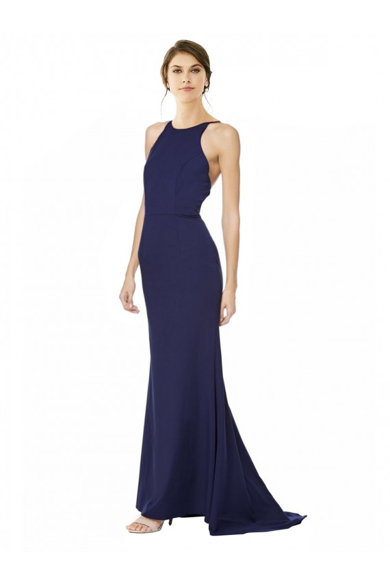 Online Fishtail High Neck Maxi Crepe Bridesmiad Dress with Strappy Back Detail