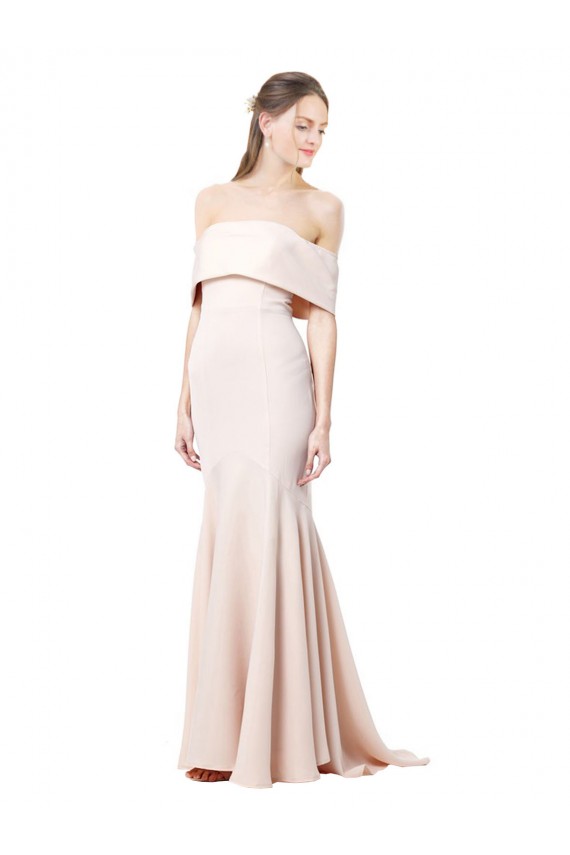 Online Mermaid Bardot Maxi Crepe Bridesmiad Dress with Fishtail Train