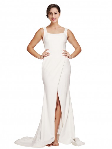 Online Square Neck Long Sheath Sweep Train Crepe Bridesmaid Dress 