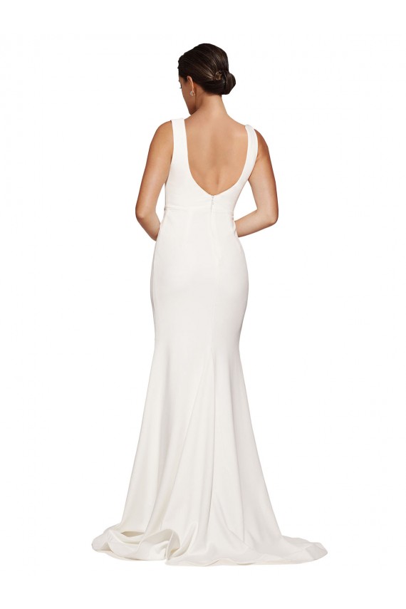 Online Square Neck Long Sheath Sweep Train Crepe Bridesmaid Dress 