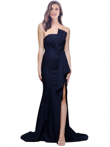 Online Long Strapless Sweep Train Low Back Crepe Bridesmaid Dress