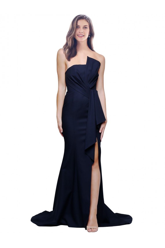 Online Long Strapless Sweep Train Low Back Crepe Bridesmaid Dress