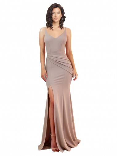 Online Fishtail Shape V-Neck Crepe Bridesmaid Dress with Slit
