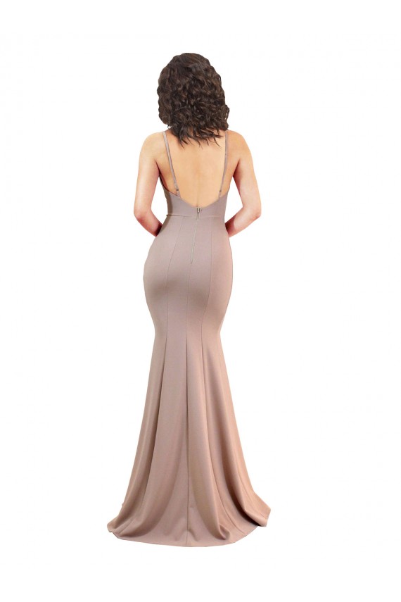 Online Fishtail Shape V-Neck Crepe Bridesmaid Dress with Slit