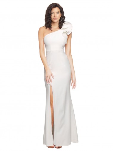 Online One Shoulder Long Full Length Crepe Bridesmaid Dress with Ruffles and Side Split