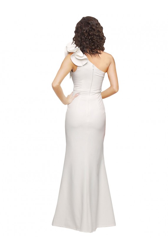Online One Shoulder Long Full Length Crepe Bridesmaid Dress with Ruffles and Side Split