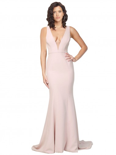 Online Deep Plunging V-Neckline Full Length Crepe Bridesmaid Dress with Deep V-Backline
