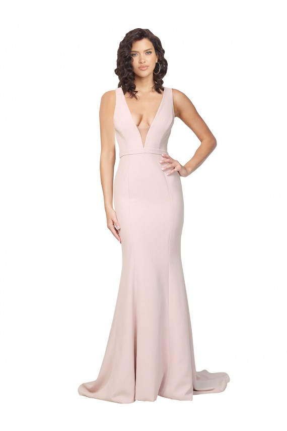 Online Deep Plunging V-Neckline Full Length Crepe Bridesmaid Dress with Deep V-Backline