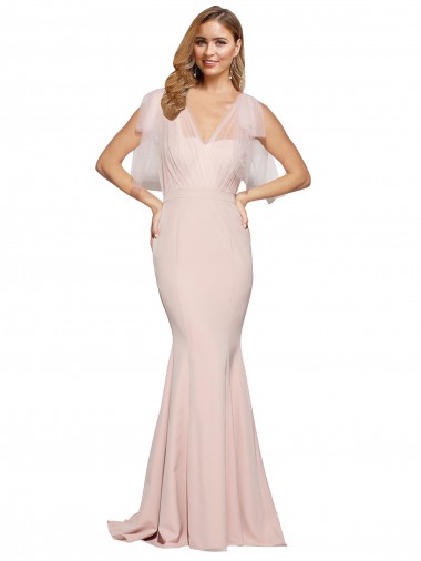 Online Double Bow Full Length Sweetheart Crepe Bridesmaid Dress with Tulle Overlay