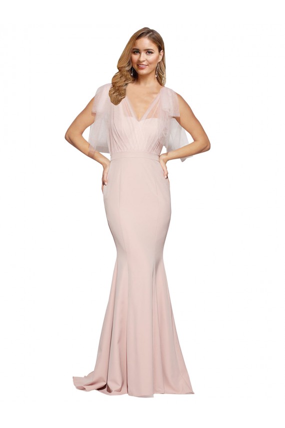 Online Double Bow Full Length Sweetheart Crepe Bridesmaid Dress with Tulle Overlay