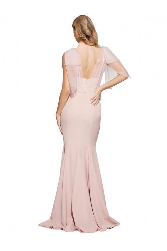 Online Double Bow Full Length Sweetheart Crepe Bridesmaid Dress with Tulle Overlay