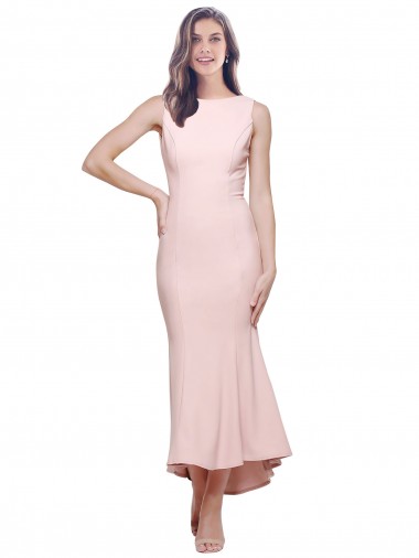 Online High Neck Low V-Back Midi Length Crepe Bridesmaid Dress