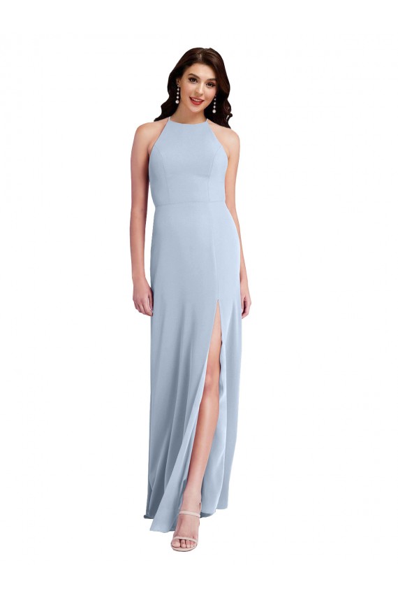 Online Fit and Flare High Neck Crepe Bridesmaid Dress with Side Slit
